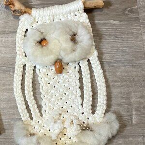 Vintage Handcrafted Macrame Owl Wall Hanging Driftwood Art 70s Boho